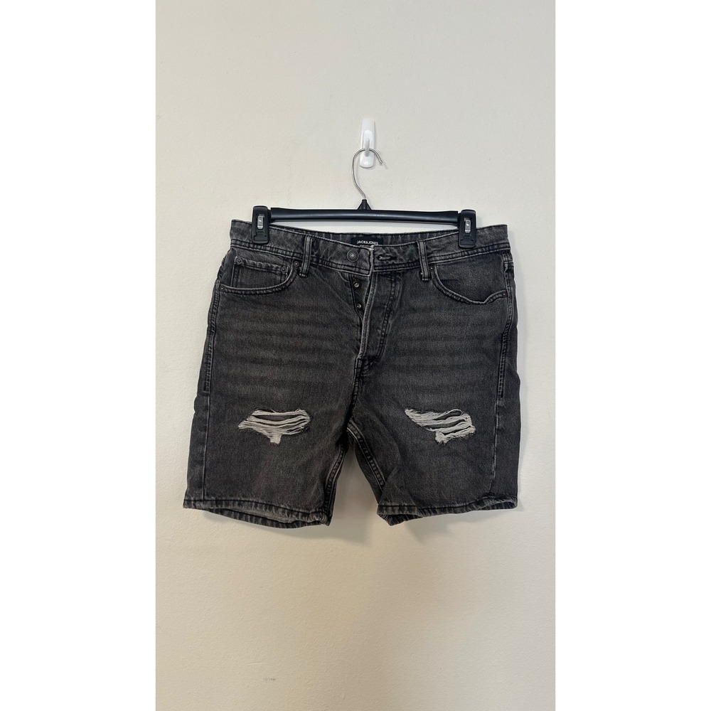 Jack & Jones Men's Loose Chris Distressed Denim Shorts Washed Black Size M